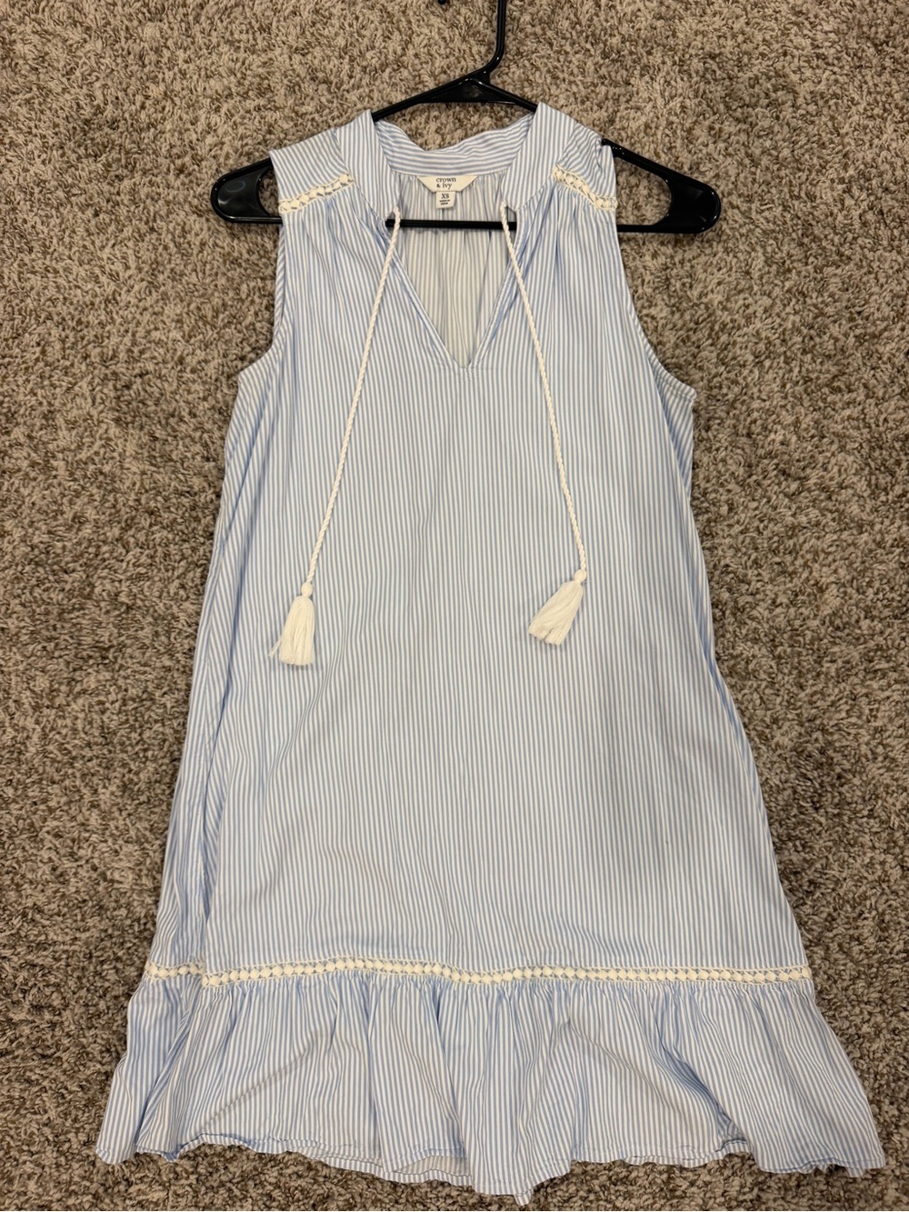 crown & ivy Light Blue and White Striped Tassel Midi Dress